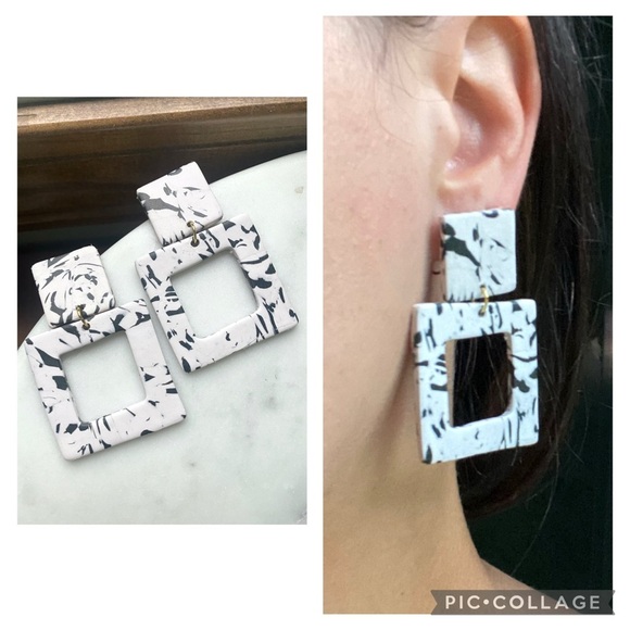 Handmade Jewelry - Black & White Marbled Statement Earrings Lightweight Modern Drop Earrings